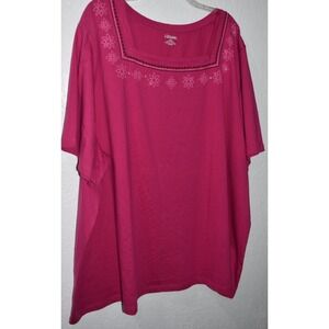 Liz and Me 4X Top Embroidered Sequin Square Neck Short Sleeve Pullover Dark Pink